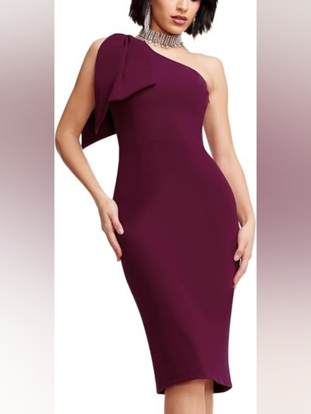 Dress the Population Tiffany One Shoulder Bow Midi Sheath Dress, Medium